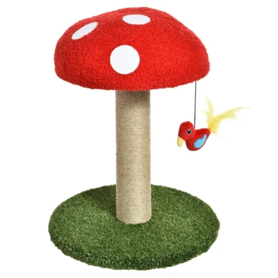 Deluxe Jute Mushroom Cat Scratching Post with Dangling Bird Toy